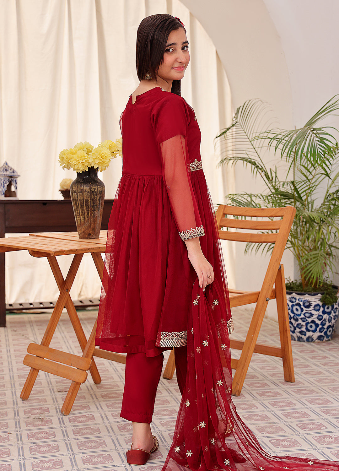 Red embroidered formal 3 piece suit for girls