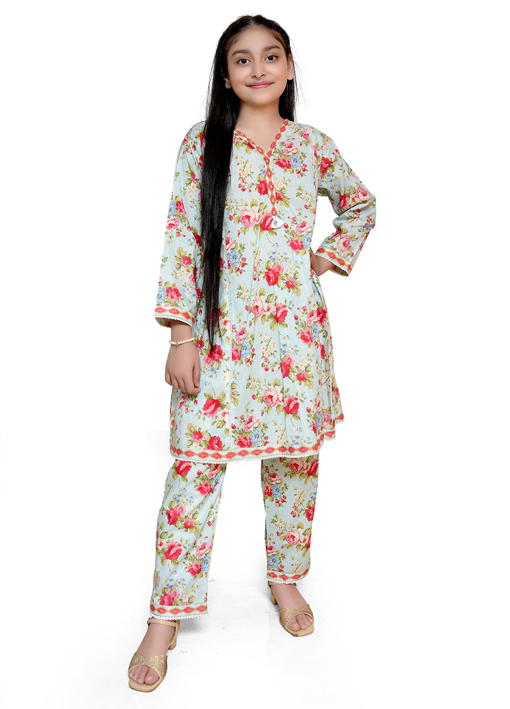 Powder blue printed lawn 2 piece casual suit for girls
