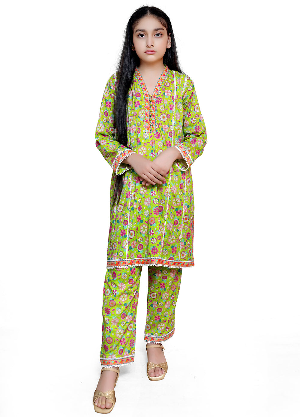 Green Printed stitched 2pc suit