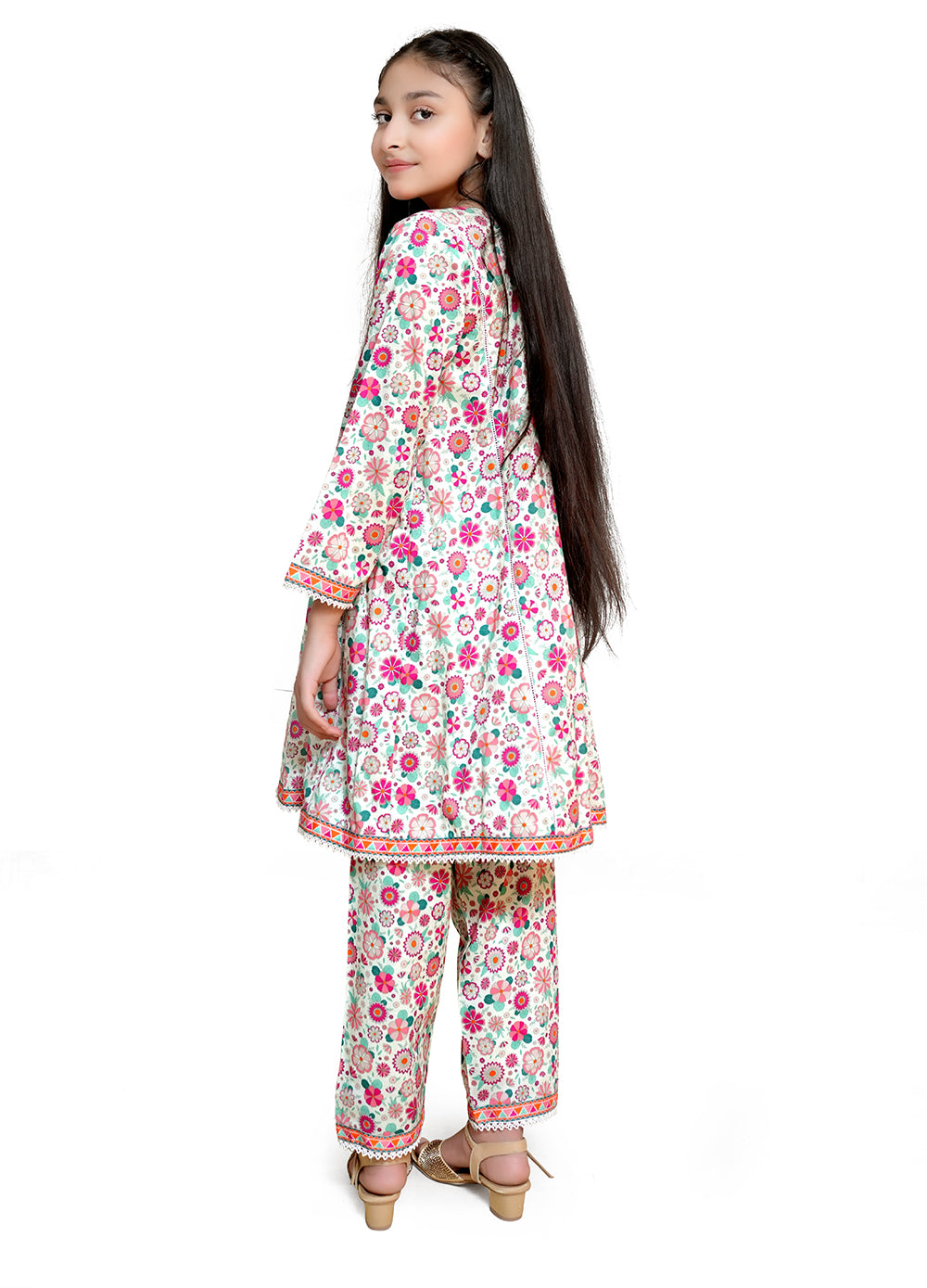 White printed 2 piece lawn casual suit for girls