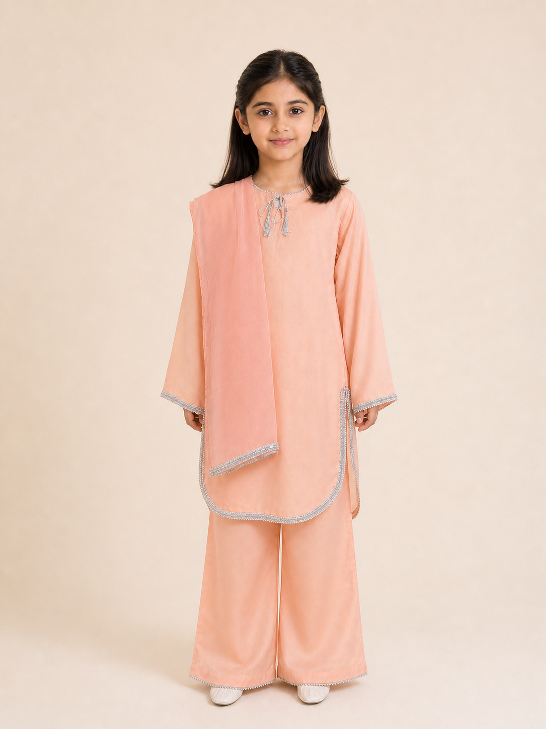 Peach Kurti, Plazo & Dupatta Set