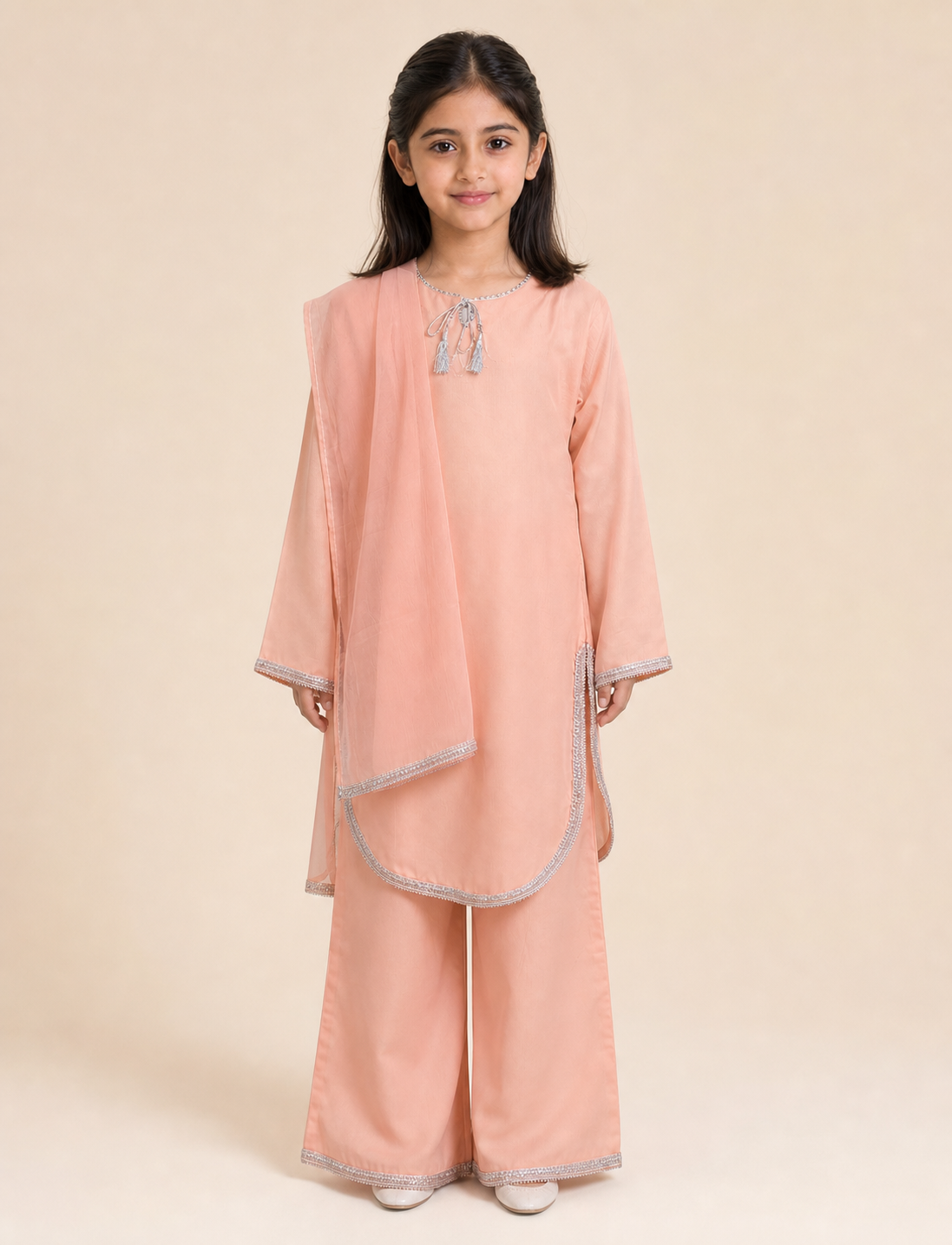 Peach Kurti, Plazo & Dupatta Set