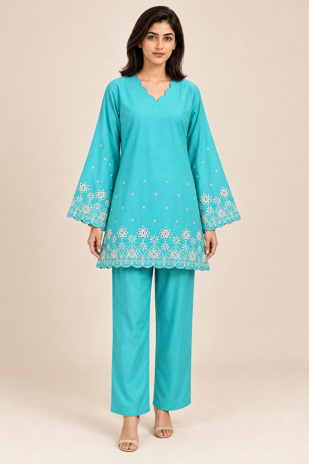 Women's Embroidered Lawn Co-ord Set — Turquoise