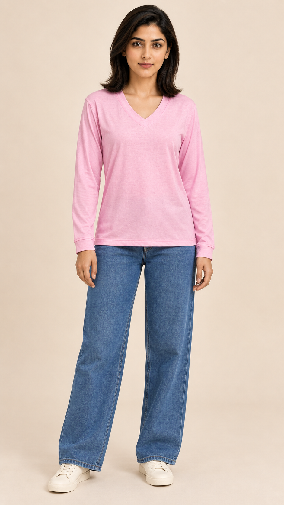 Women's V-Neck Long Sleeve T-Shirt — Pink