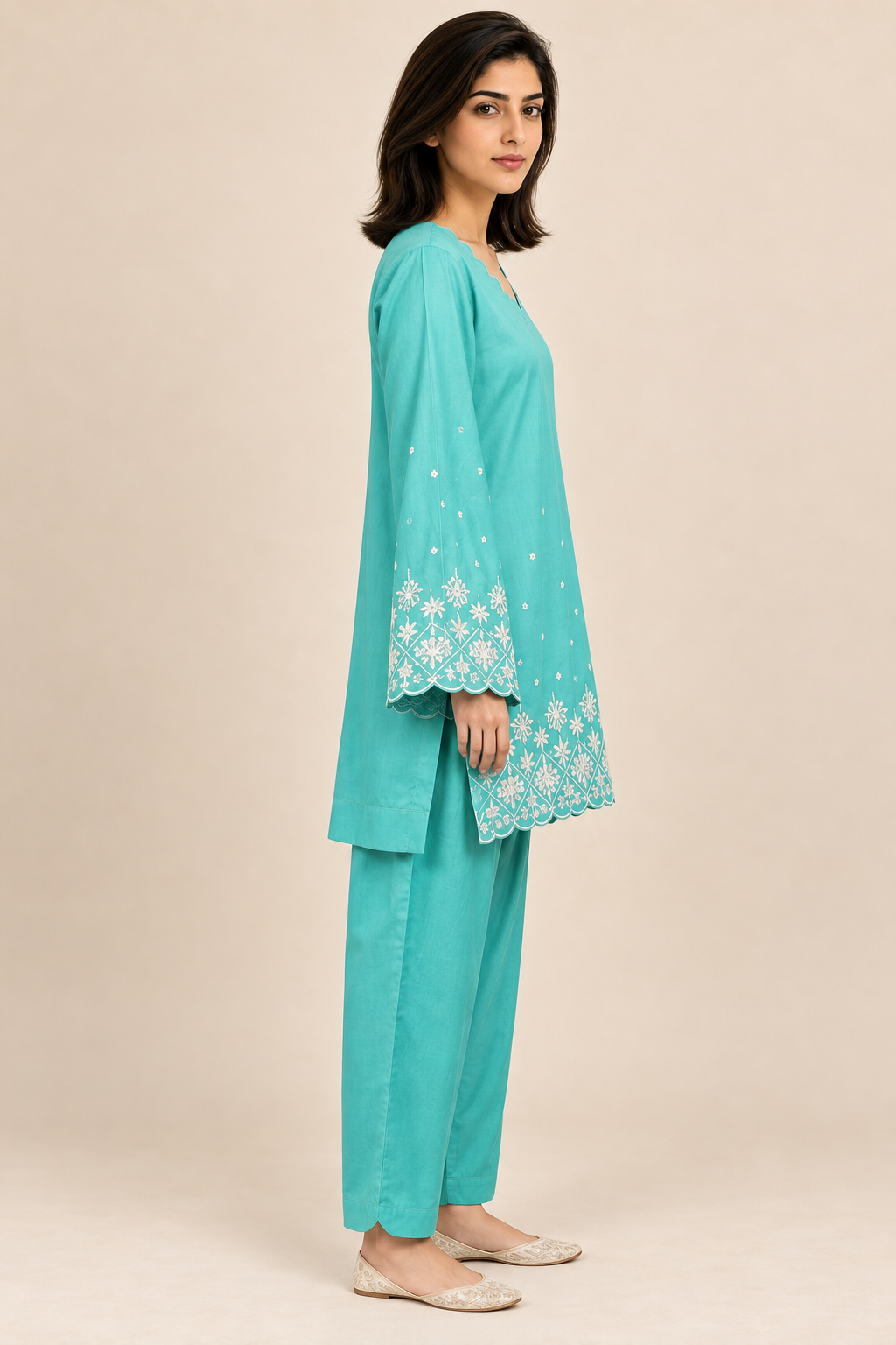 Women's Embroidered Lawn Co-ord Set — Turquoise