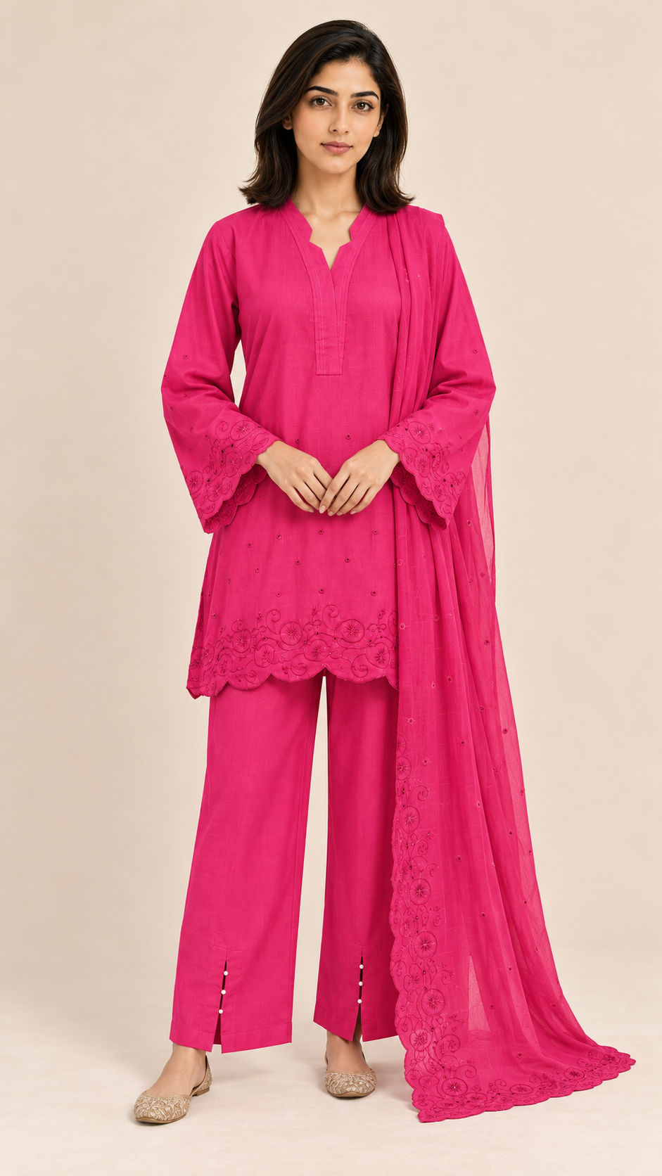 Women's Embroidered Lawn Co-ord Set — Fuchsia Pink