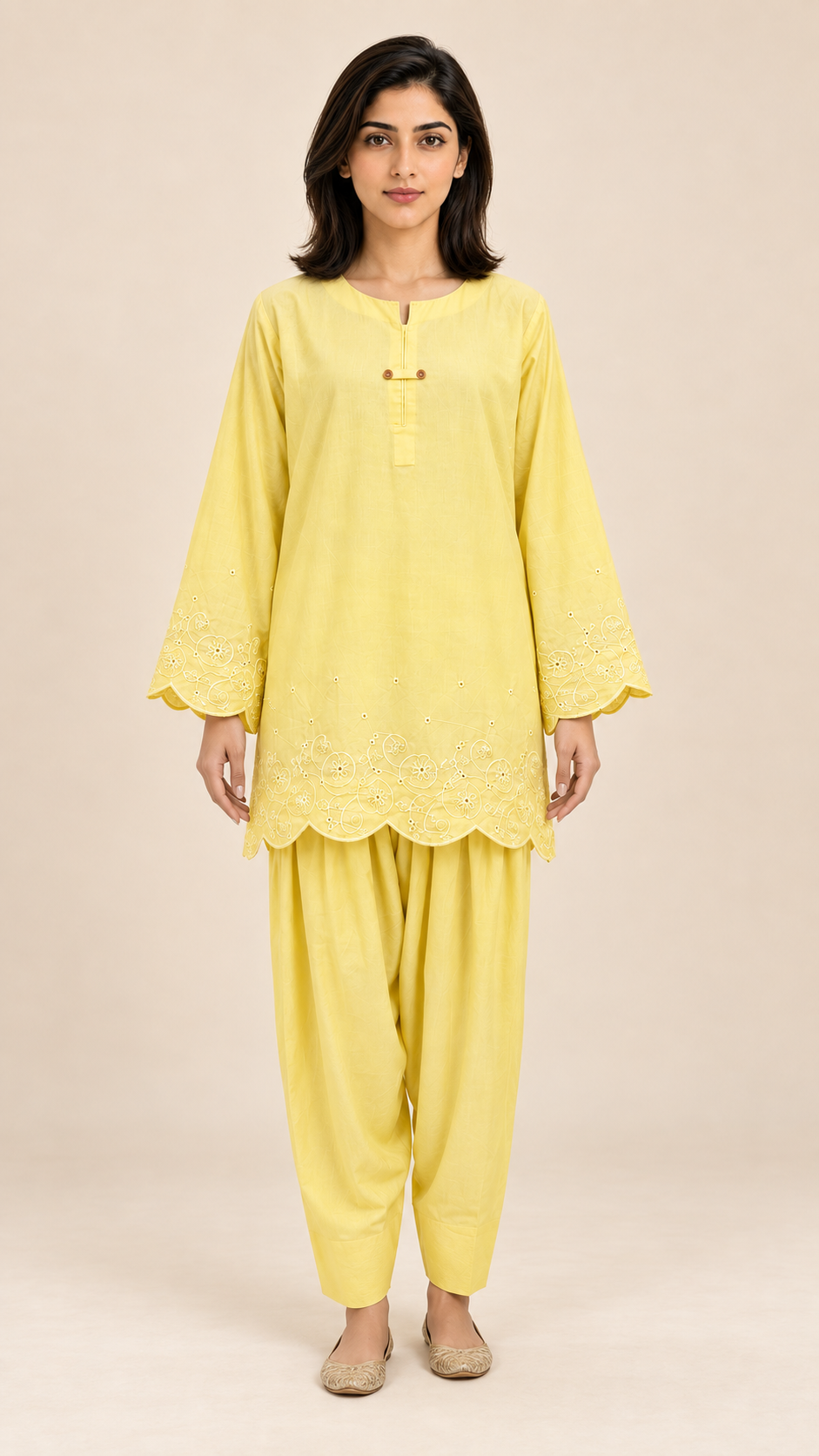 Women's Embroidered Lawn Co-ord Set — Yellow