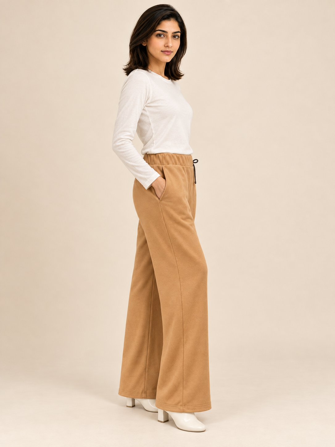 Women's Ribbed Jersey Trousers — Camel