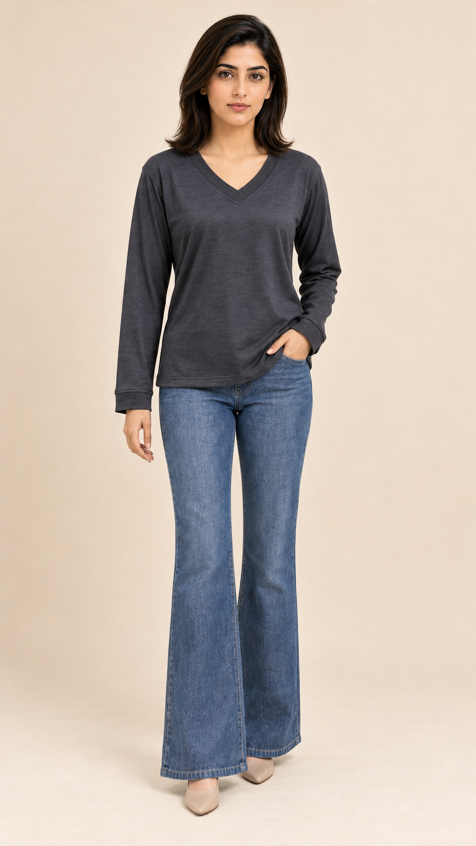 Women's V-Neck Long Sleeve T-Shirt — Charcoal Grey