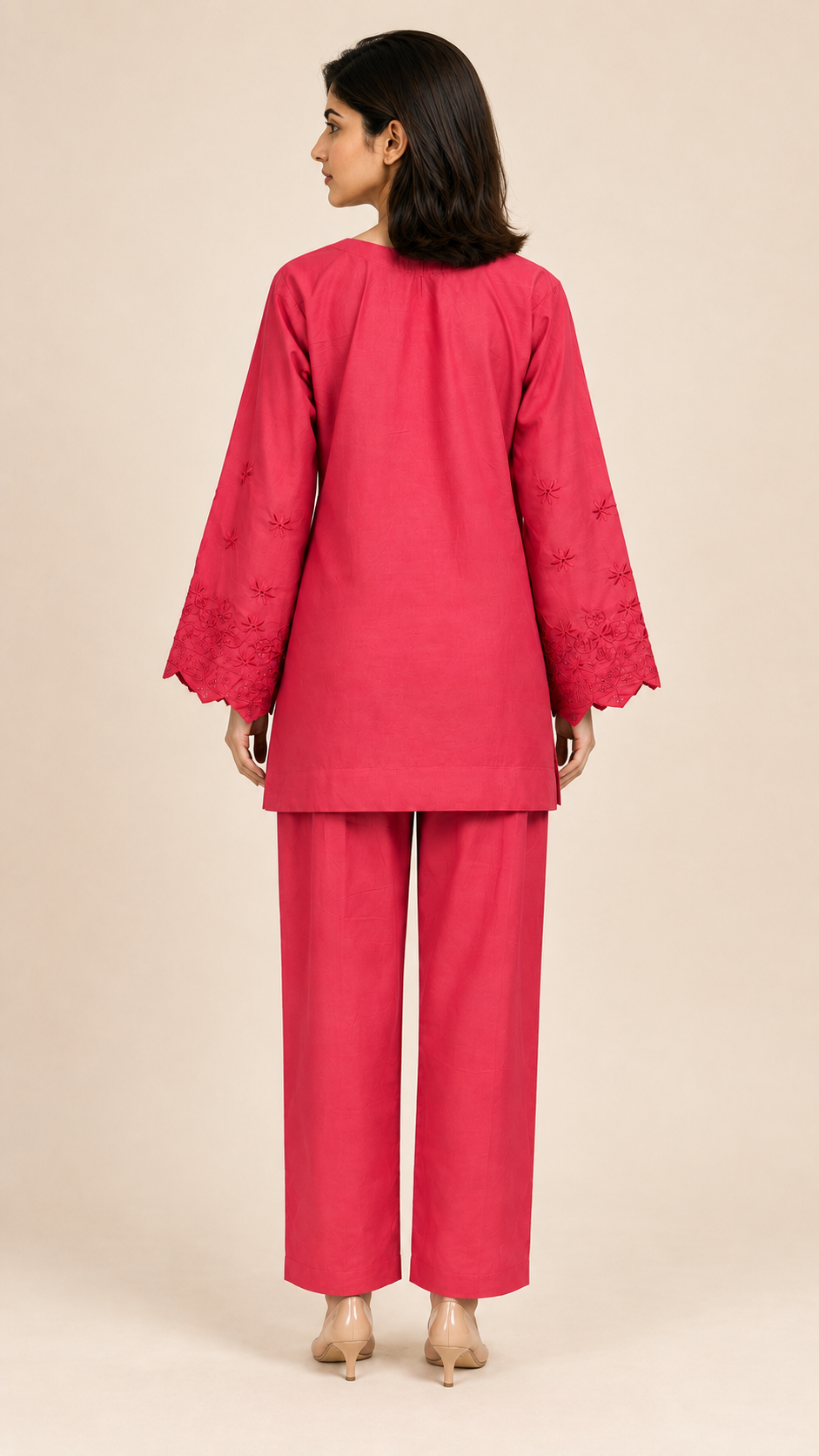 Women's Embroidered Lawn Co-ord Set — Red