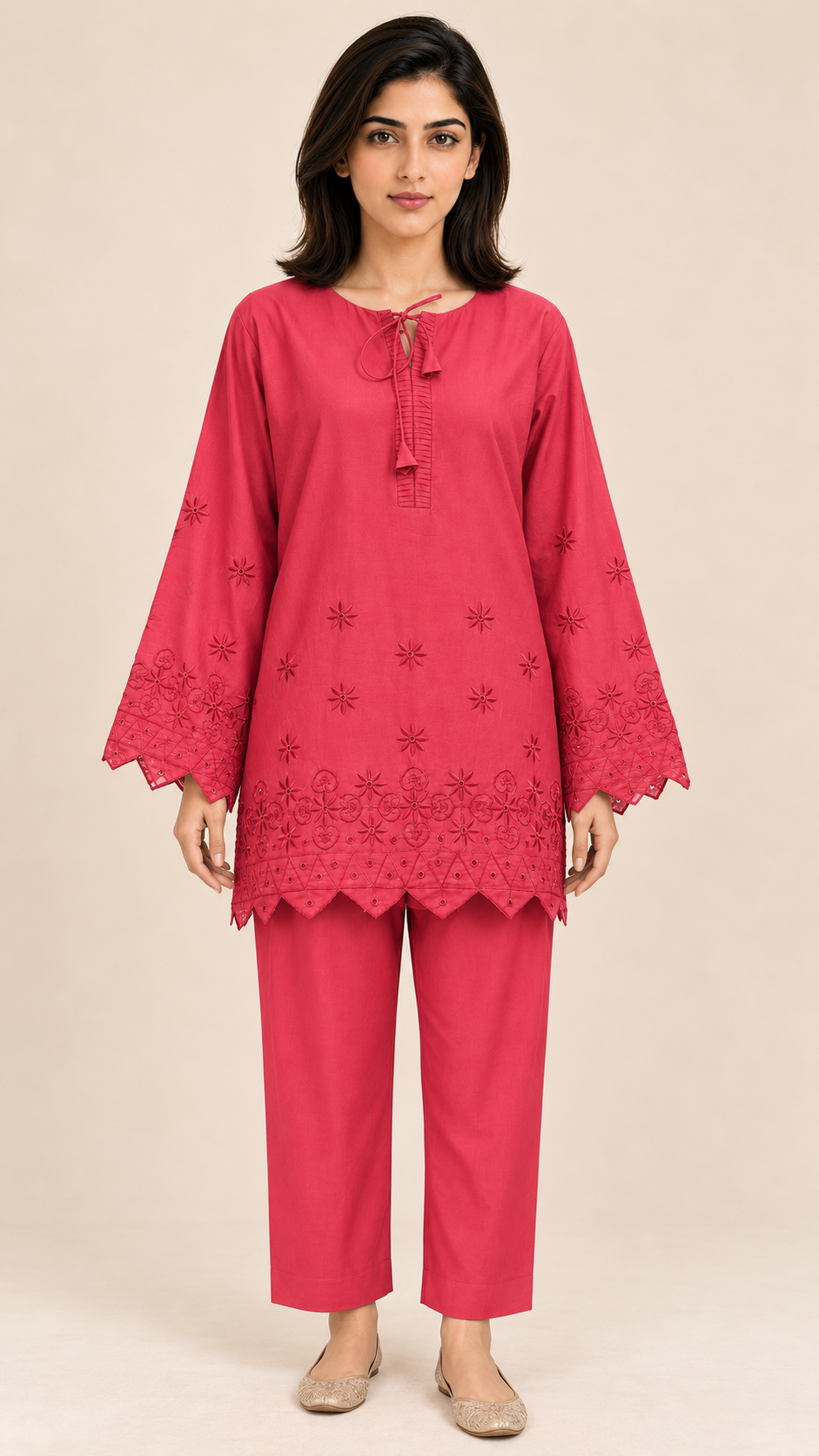 Women's Embroidered Lawn Co-ord Set — Red