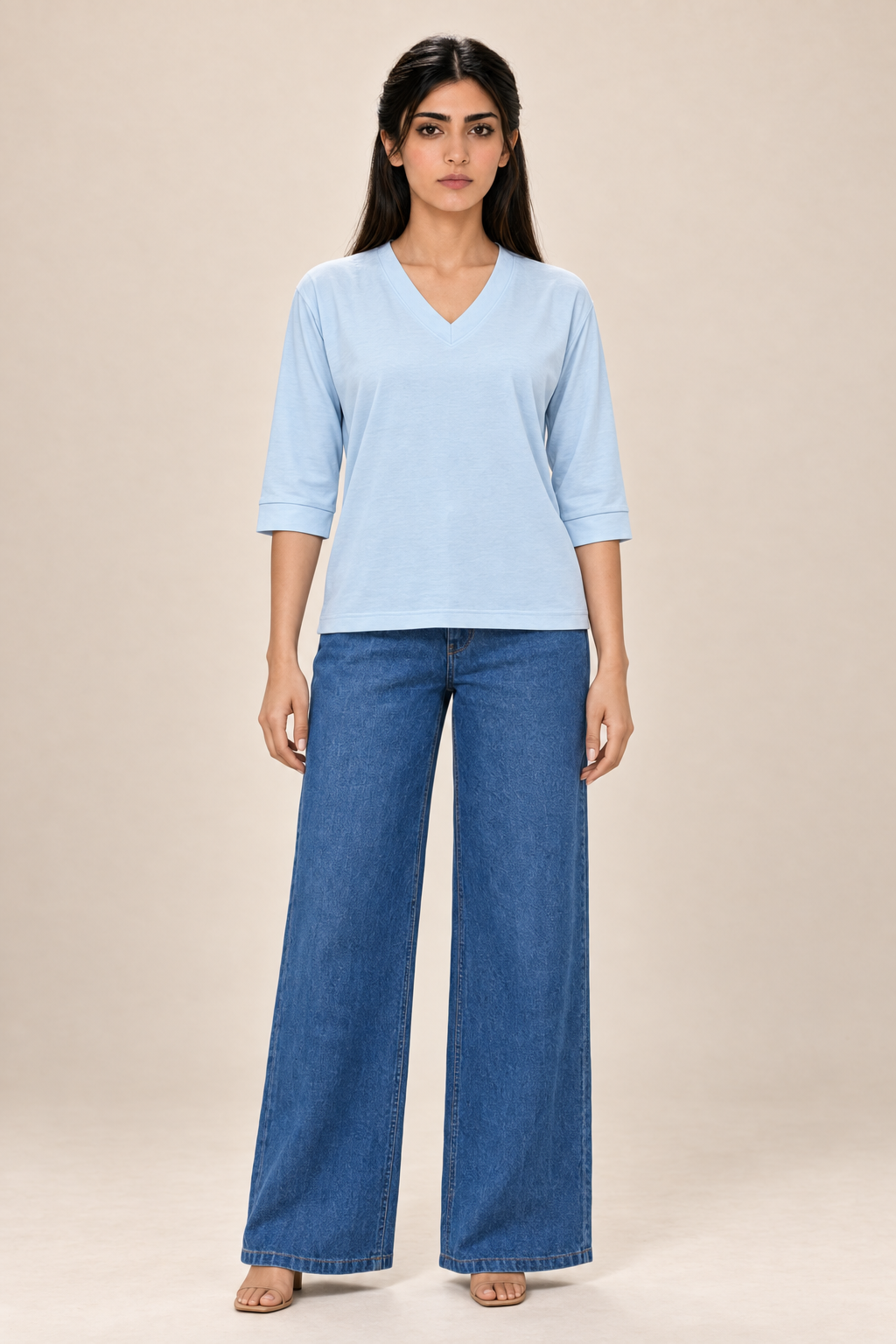 Light Blue V-Neck ¾-Sleeve T-Shirt