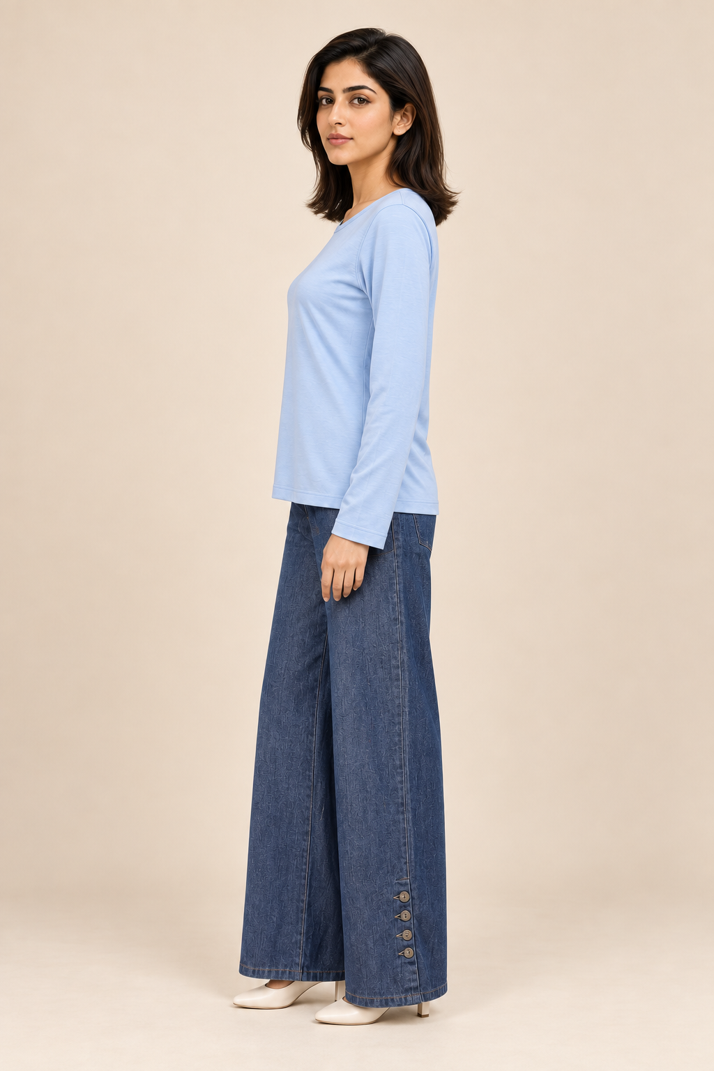 Women's V-Neck Long Sleeve T-Shirt — Light Blue