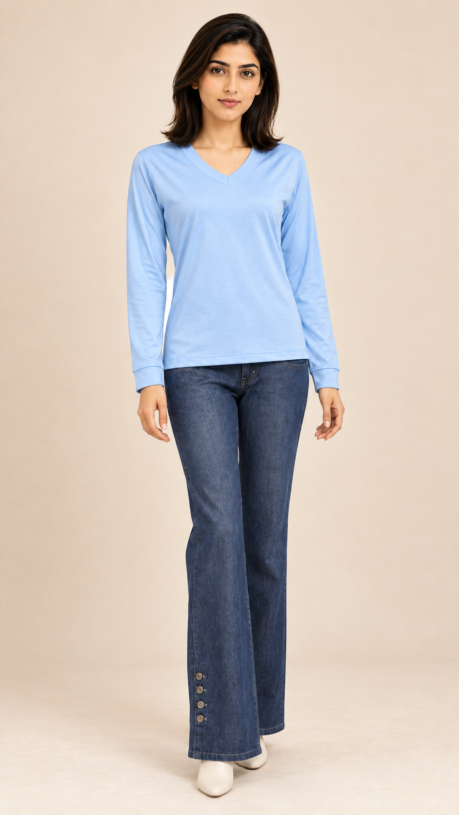 Women's V-Neck Long Sleeve T-Shirt — Light Blue