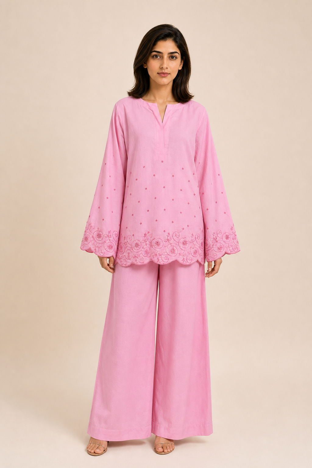 Women's Embroidered Lawn Co-ord Set — Pink
