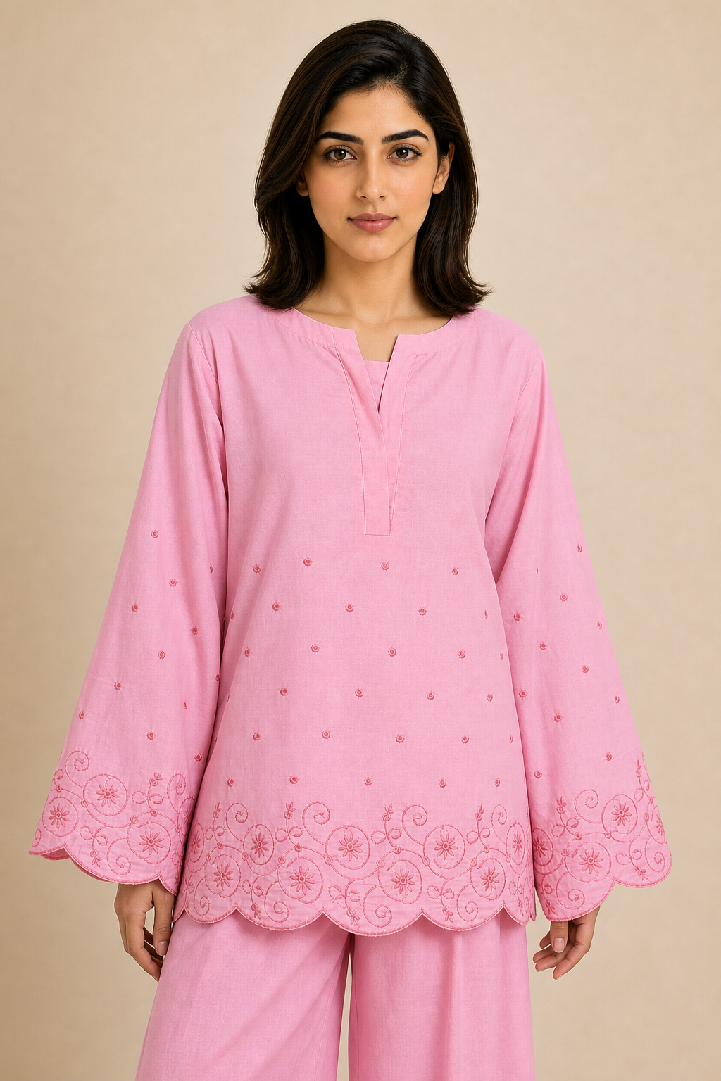 Women's Embroidered Lawn Co-ord Set — Pink