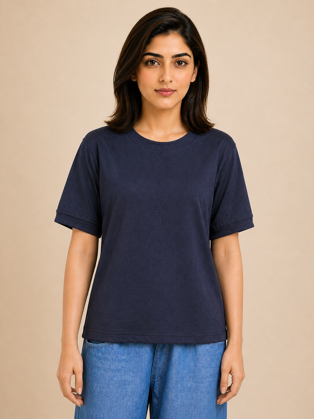 Women's Round-Neck Short Sleeve T-Shirt — Navy Blue