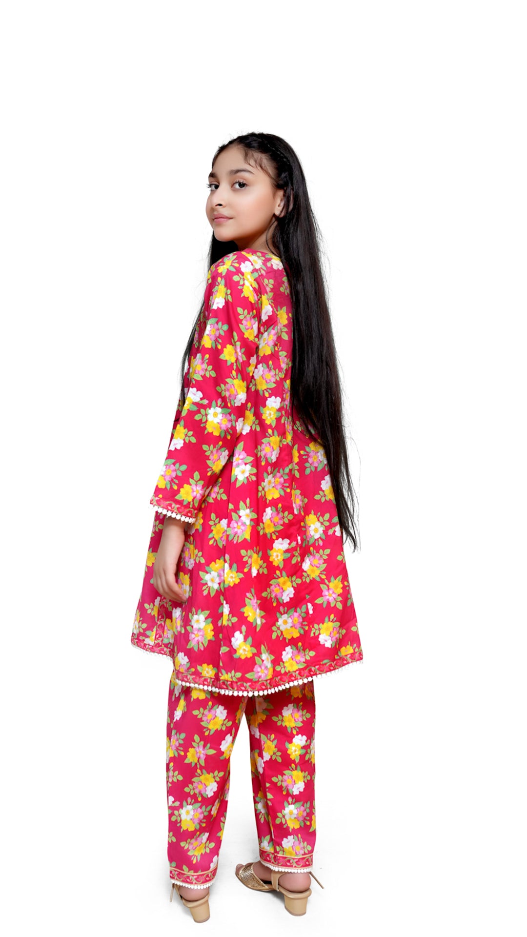 bright pink with a yellow and white floral printed 2pc stitched suit