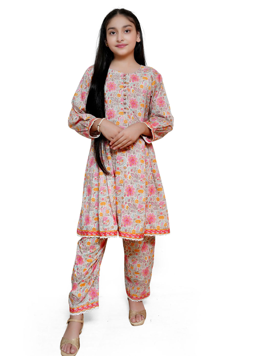 Light grey flower printed lawn 2 piece casual dress girls