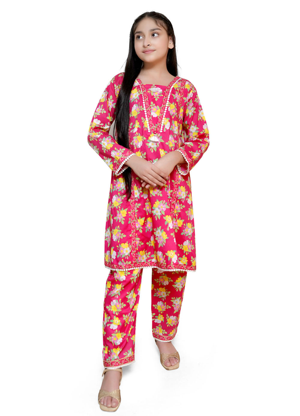 bright pink with a yellow and white floral printed 2pc stitched suit