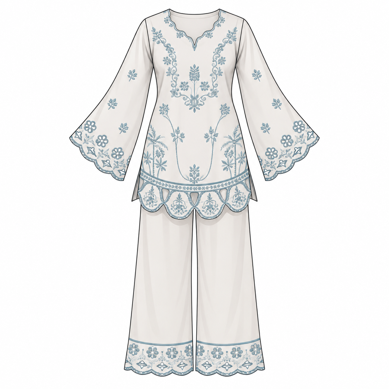 Illustration of an embroidered matching set with flared sleeves and scalloped edges.