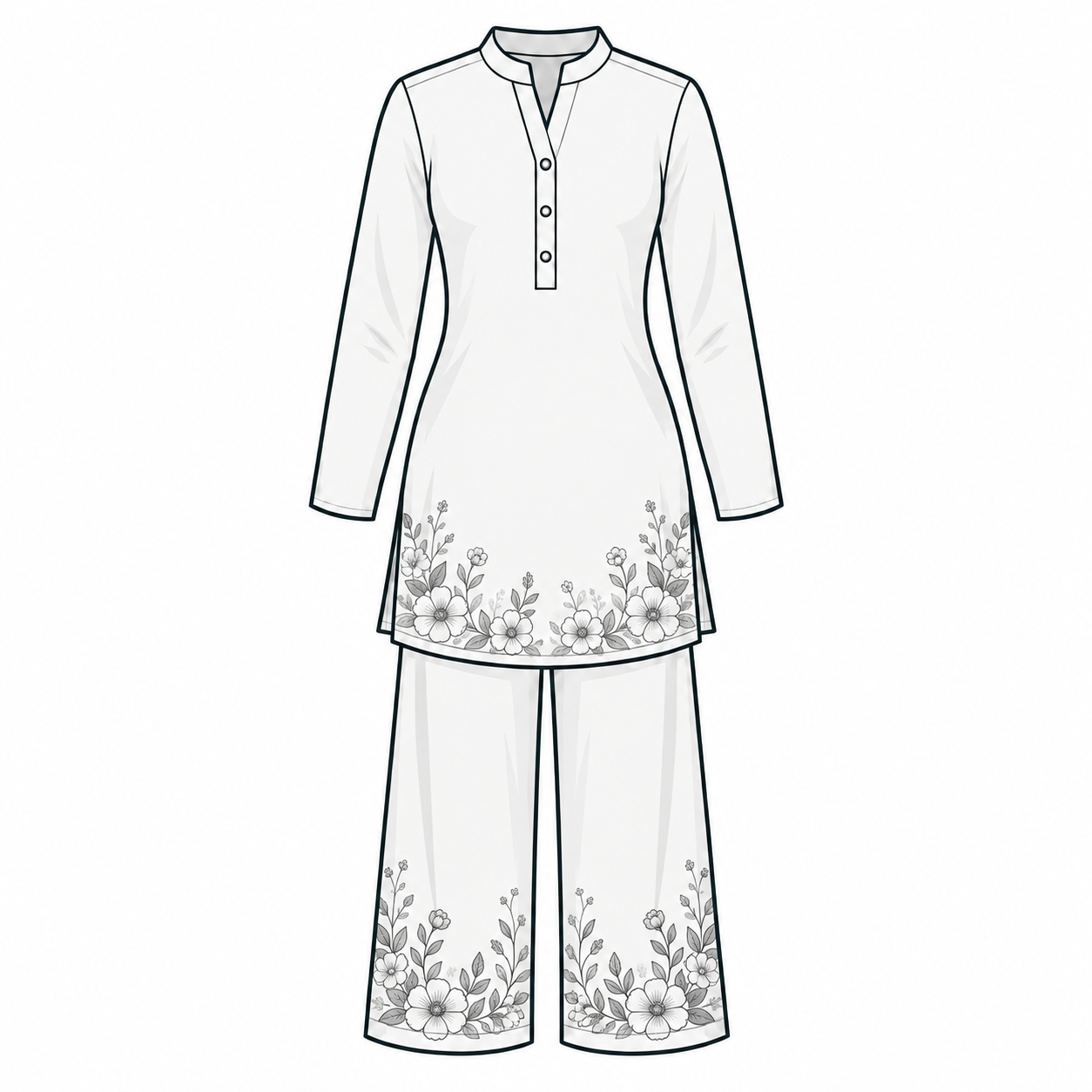 Illustration of a matching shirt and trousers with floral border prints.