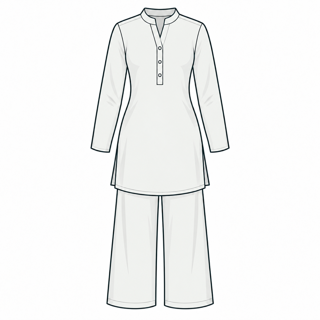 Illustration of a solid long-sleeved shirt and matching trousers.