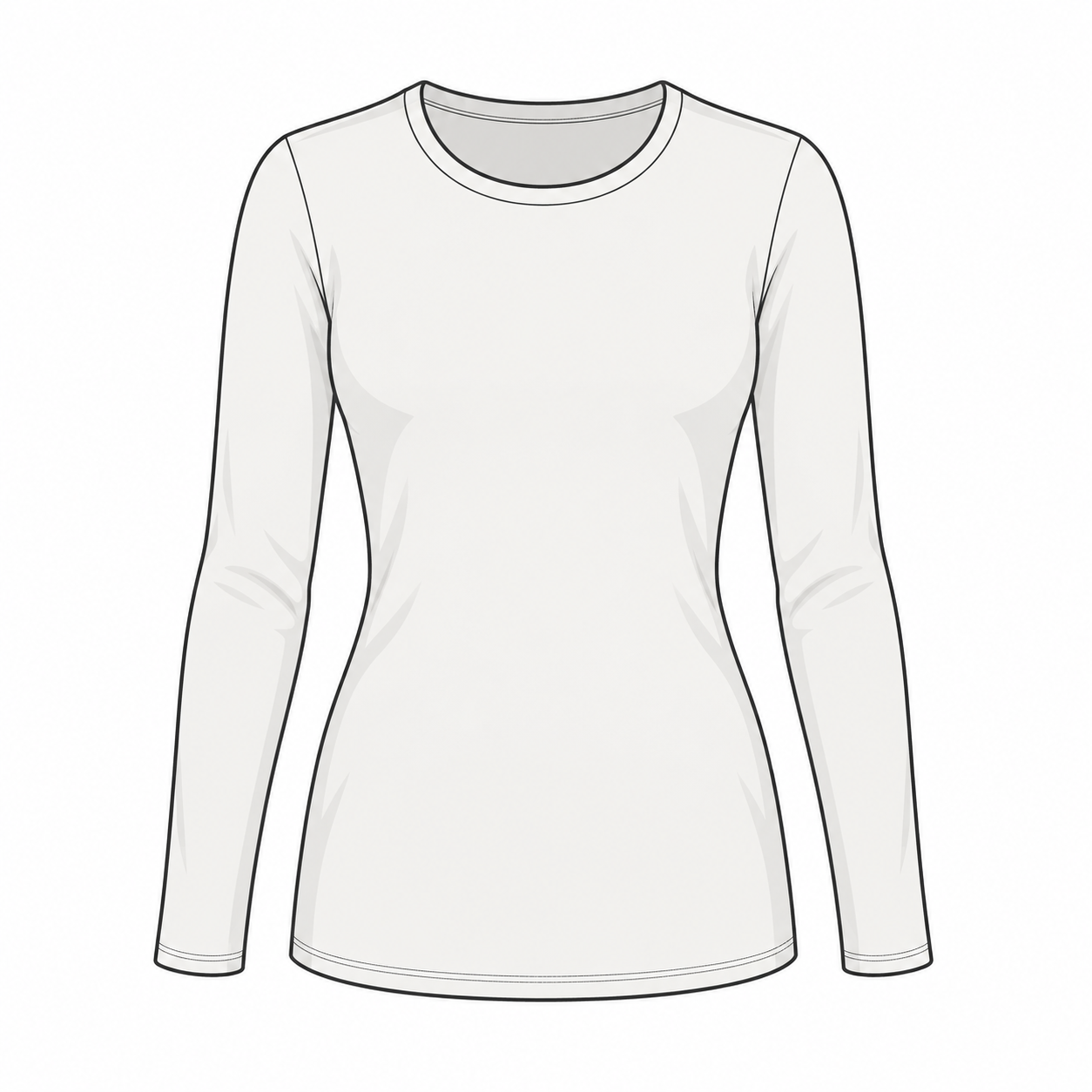 Round neck T-shirt with long sleeves and hip length.