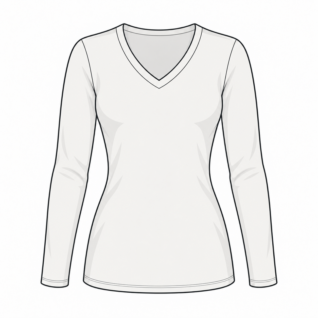 V-neck T-shirt with long sleeves and hip length.
