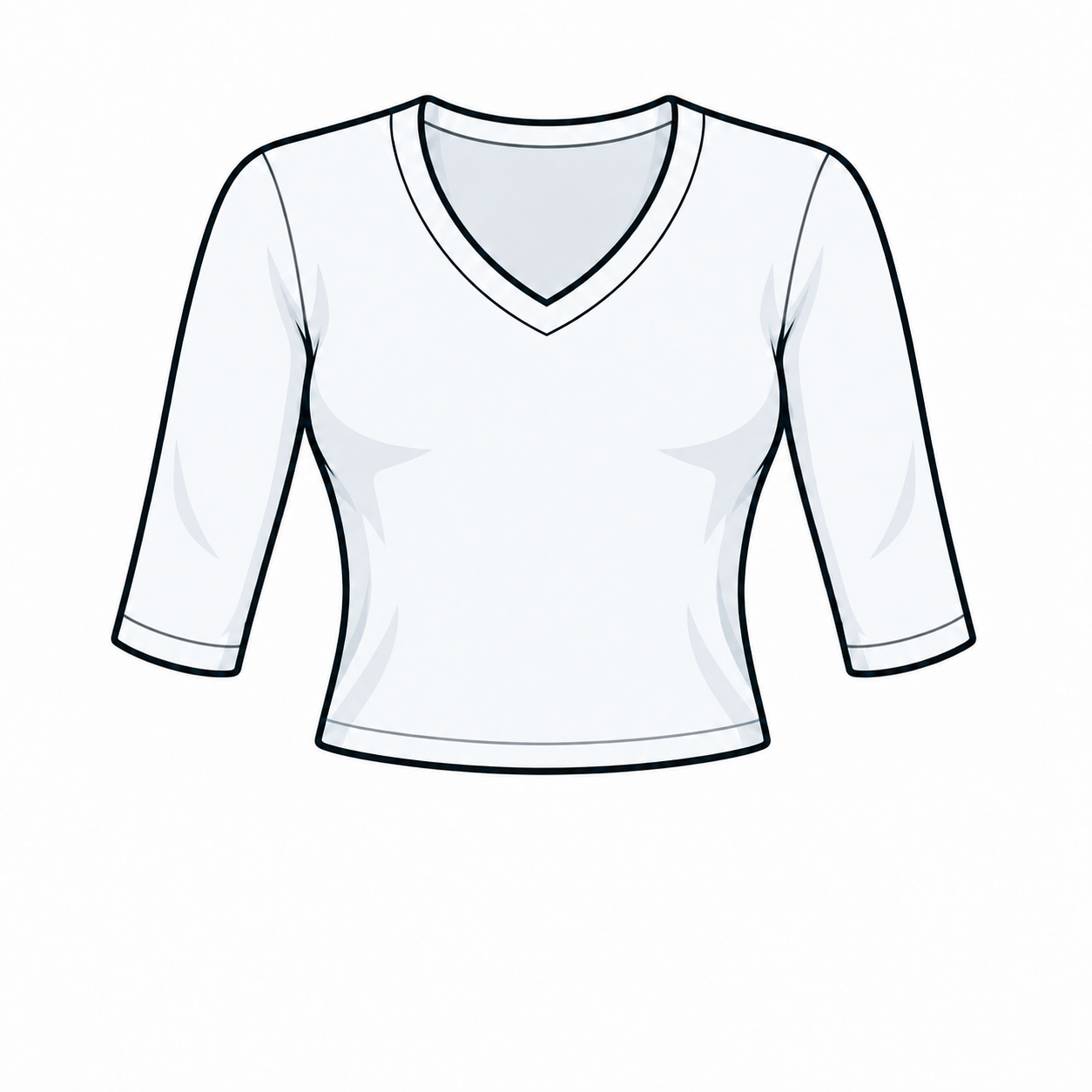 V-neck T-shirt with three-quarter sleeves and waist length.
